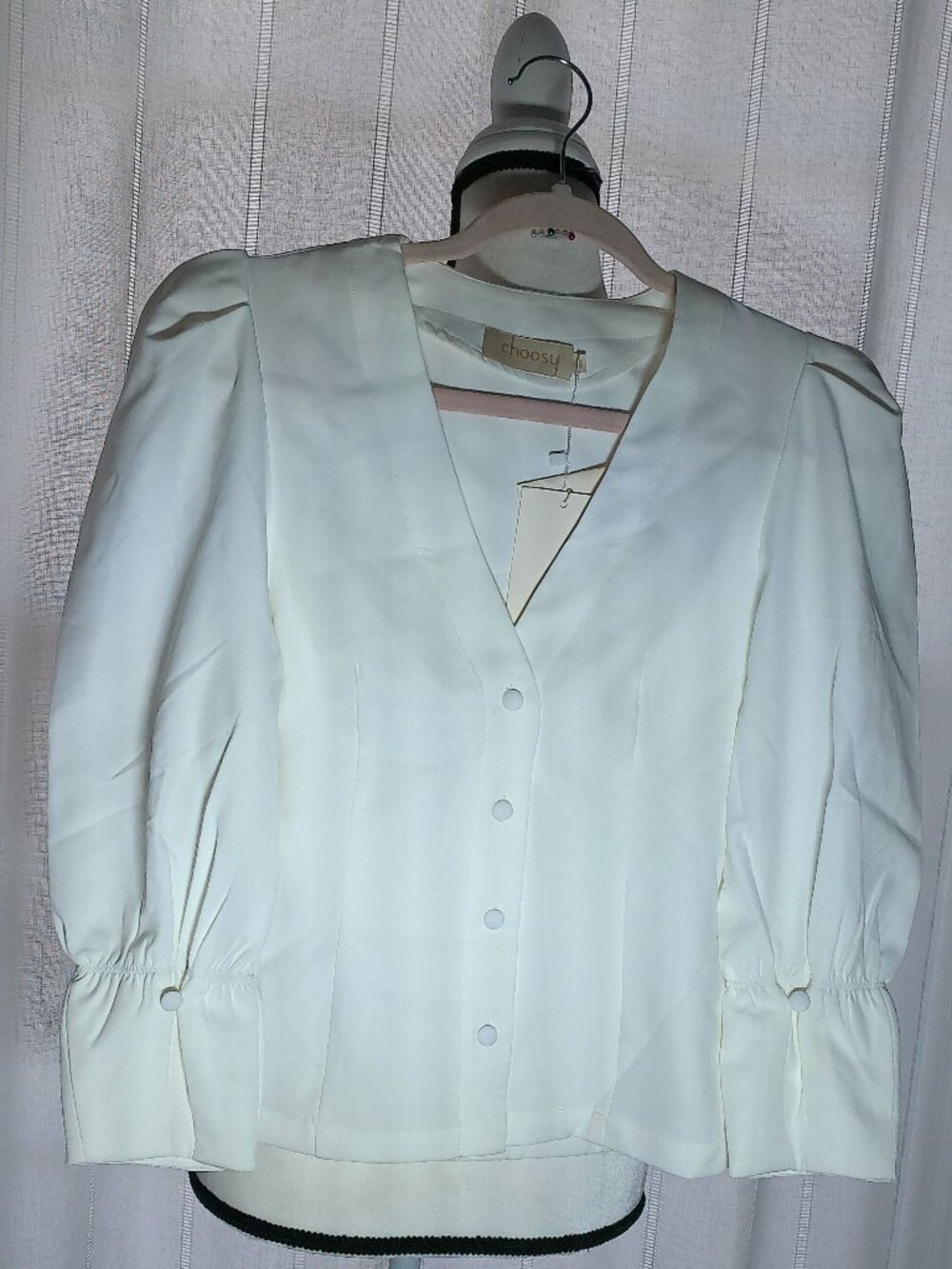 CHOOSY Blouse No Collar V-Neck Button-Up Puffy Sleeves 70% Cotton  NWT XS
